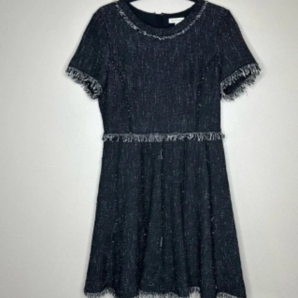 Rebecca Taylor‎ Women’s Size 10 Black Tweed Raw Edge Fringe Preppy Tapestry Rug